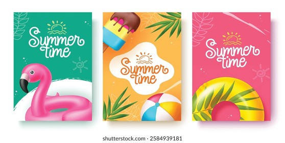 Summer time greeting vector poster design. Summer time greeting text with colorful floaters, Popsicle and palm leaves decoration elements. Vector illustration summer seasonal collection
