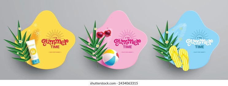 Diseño de conjunto de vector de saludo de verano. Es texto de verano con bloqueador solar, bola de playa y plantilla de elementos de playa flipflop para diseñar la colección. Ilustración vectorial de diseño tropical de verano.
