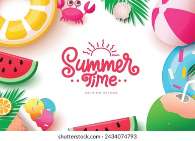 Summer time greeting vector template design. Summer time text greeting with colorful beach elements for holiday season tropical background. Vector illustration summer time template.
