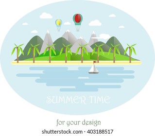 Summer time, grey and green mountain landscape, yellow beach, palms, blue sky, sea, white cloud. Modern flat design, design element, vector