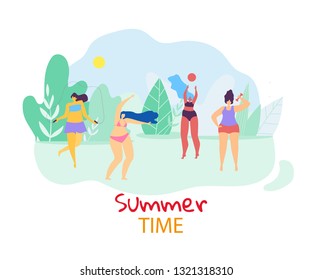 Summer Time. Group of Young Happy Plus Size Women Playing and Relaxing Openair on Landscape Background with Field, Blue Sky and Trees. Active Lifestyle. Body Positive. Cartoon Flat Vector Illustration