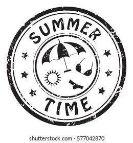 Summer time, grunge postal stamp, black isolated on white background, vector illustration.