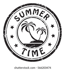 Summer time, grunge stamp, black isolated on white background, vector illustration.