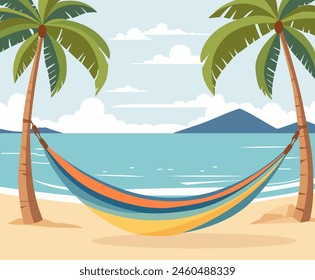 Summer time. Hammock with palm trees on beach. Flat design.