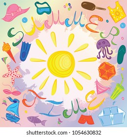 Summer Time. Hand Drawings of Summer Plage Symbols and Sun.  Vector Illustration.