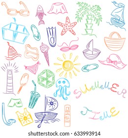 Summer Time. Hand Drawings of Summer Vacancies Symbols. Colorful Doodle Boats, Ice cream, Palms, Hat, Umbrella, Jellyfish, Cocktail, Sun. Vector Illustration.