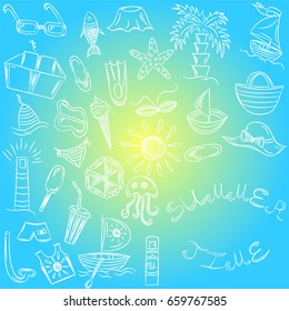 Summer Time. Hand Drawings of Summer Vacancies Symbols. Colorful Doodle Boats, Ice cream, Palms, Hat, Umbrella, Jellyfish, Cocktail, Sun on Blue Background.. Vector Illustration.