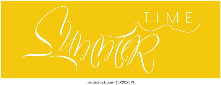 Summer time - hand drawn calligraphy on yellow background. Flat vector illustration for cards, posters, flyers, banners, prints, party invitations, greetings, seasonal design and decoration, web.