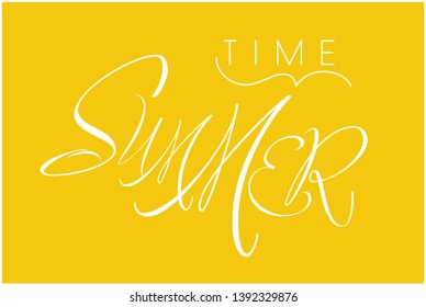 Summer time - hand drawn calligraphy on yellow background. Flat vector illustration for party invitations, greetings, cards, posters, flyers, banners, prints, seasonal design and decoration, web.