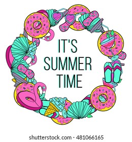 It's summer time. Hand drawn summer time circle theme doodle template pattern invitation. Beach theme background with summer elements. Vector illustration.