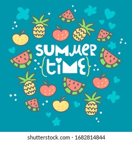 Summer time hand drawn illustration with fruits for poster, brochure and postcard design.