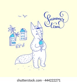 Summer time. hand drawn illustration with cute fox on the street