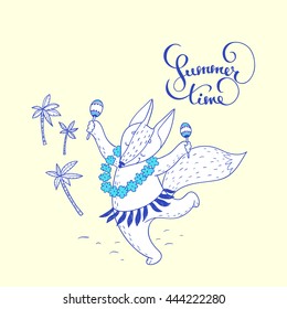 Summer time. hand drawn illustration with cute dancing fox