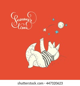 Summer time. hand drawn illustration with cute fox watching a falling star