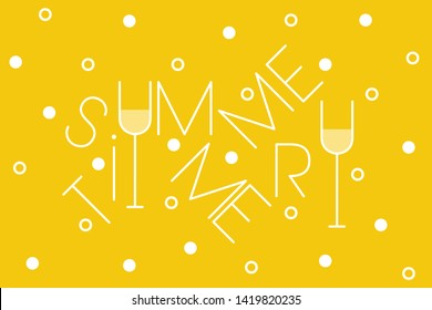 Summer time - hand drawn lettering on yellow background. Flat vector illustration with cocktails for party invitations, greetings, cards, posters, banners, prints, seasonal design and decoration, web.