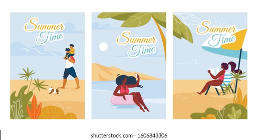 Summer Time Hand Drawn Lettering. Advertising Cards Set. Cartoon People Relaxing on Sand Sunny Beach, Walking Dog, Swimming on Rubber Ring and Taking Selfie. Flat Resort. Vector Illustration