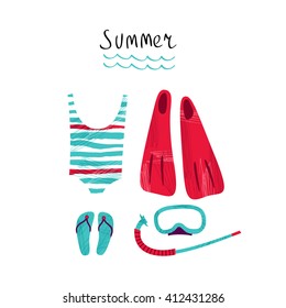 Summer time. Hand drawn print with marine theme design. Vector illustration. Red and blue. This illustration can be used as a greeting card or as a print on T-shirts and bags.