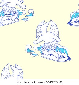 Summer time. hand drawn seamless pattern with cute fox surfer
