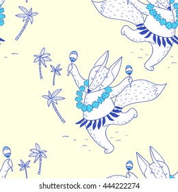 Summer time. hand drawn seamless pattern with cute dancing fox
