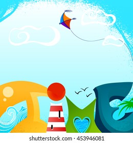 summer time hand drawn title with kite in the sky waves palms birds lighthouse vector