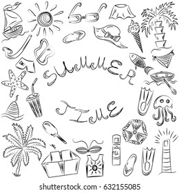 Summer Time. Hand Drawn Summer Vacancies Symbols. Doodle Boats, Ice cream, Palms, Hat, Umbrella, Jellyfish, Cocktail, Sun. Sketch Style. Vector Illustration.
