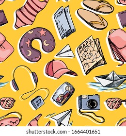 Summer time hand drawn vector seamless pattern. Travel and tourism accessories. Baggage for the trip wallpapers. Vacation colored cartoon background in sketch style. For textile, fabric, print, wrap.
