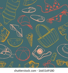 Summer time hand drawn vector seamless pattern. Beach vacation attributes and accessories. Rest on the sea wallpapers. Colorful outline background in sketch style. For textile, fabric, print, wrap.