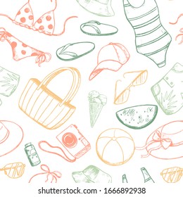 Summer time hand drawn vector seamless pattern. Beach vacation attributes and accessories. Rest on the sea wallpapers. Colorful outline background in sketch style. For textile, fabric, print, wrap.