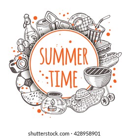 Summer time. Hand drawn vector illustration with picnic elements. Badminton, thermos, boomerang, corkscrew, lemonade, bbq, beer, tableware, basket, sandwich, sausages and other.