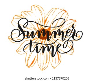 Summer time - hand lettering inscription to holiday design, black and white ink calligraphy