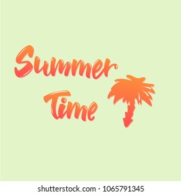 "summer time" hand lettering with palm tree illustration, orange gradient, tropical, vector design, element