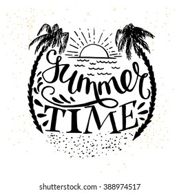 'Summer Time' hand lettering with the sun, palm trees and sand. Fun summer typography illustration, can be used as a print for t'shirts, bags, cards and posters.