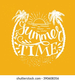 'Summer Time' hand lettering with the sun, palm trees and sand. Fun summer typography illustration, can be used as a print for t'shirts, bags, cards and posters.