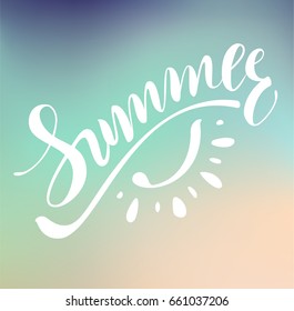 Summer time hand lettering.  White text on colorful beach background. Vector illustration