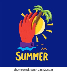 Summer time hand with sun and palm tree vector banner design