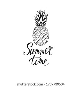 Summer time - hand written lettering. Text isolated on white background with design elements. Summer typography for photo overlays, t-shirt print, flyer, poster design. Beach life message