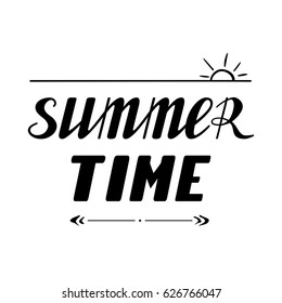 Summer time hand written lettering made in vector. Poster, card, banner, apparel t-shirt printable design. Quote template illustration with arrow and sun isolated. Trendy calligraphy.