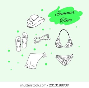 Summer time hand-drawn attributes, hat, sunglasses, swimwear, pareo, and slippers, isolated vector illustration on white background