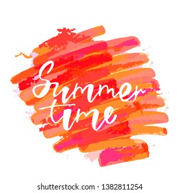 Summer time handlettering text. Design print for t-shirt, postcard, label, logo, sign, emblem. Vector illustration on background.