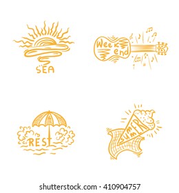 Summer time handwritten lettering and emblems of sea and rest. Weekand illustration. Vector isolated collection.