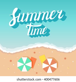 Summer time handwritten lettering on sea beach background. Vector illustration.