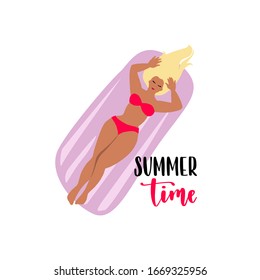 Summer time. Handwritten lettering quote and cartoon flat style character. Women relaxing in a pool on inflatable mattress. Vector tropical vacation illustration.