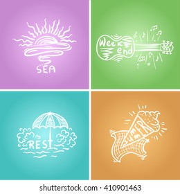 Summer time handwritten lttering and emblms of sea and rest. Weekand illustration. Vector set.