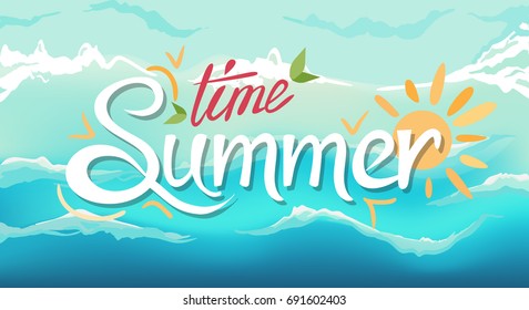 Summer time - handwritten quote calligraphy, on the sea and beach background. Vector Illustration