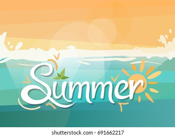 Summer time - handwritten quote calligraphy, on the sea and beach background. Vector Illustration