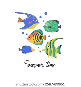 Summer time handwritten text with exotic tropical fishes. Set of doodle fishes on white background. Flat cartoon style. Summertime isolated vector illustration