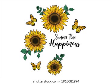 summer time happiness keep life simple Monarch Butterflies lettering hand drawn vector art sun flower lettering hand drawn vector art sunflower keep life simple sunflower positive quote stationery