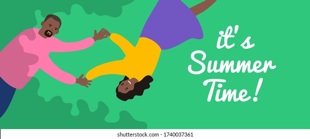 it's summer time happy african american couple lying on grass and holding hands  top view vector illustration