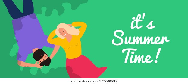it's summer time happy couple lying on grass top view vector illustration