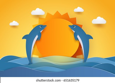 Summer time , happy dolphins jumping in sea waves , paper art style
